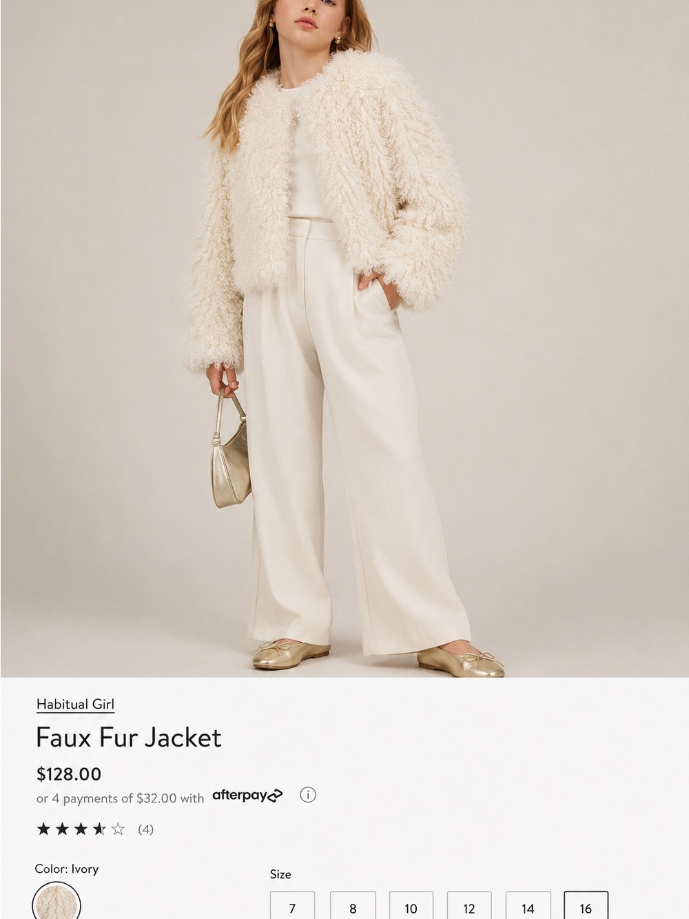 Nordstrom Habitual Girl Ivory Curly Faux Fur Jacket – Girls Size 16 NWOT $128